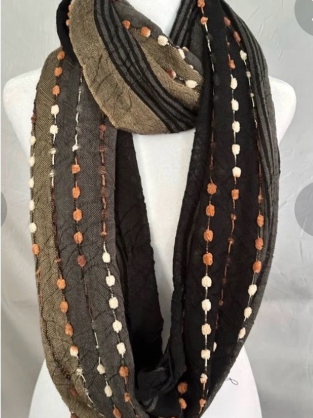 Infinity Scarf, Black & Brown, with Cream and Rust Dot Textured Embroidery
